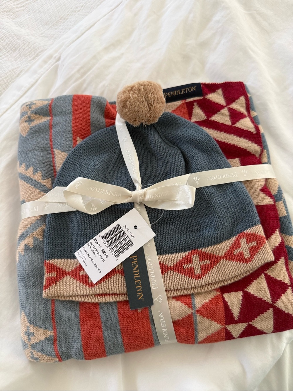 Pendleton blue, red and tan Geometric Knit Beanie & Blanket Set